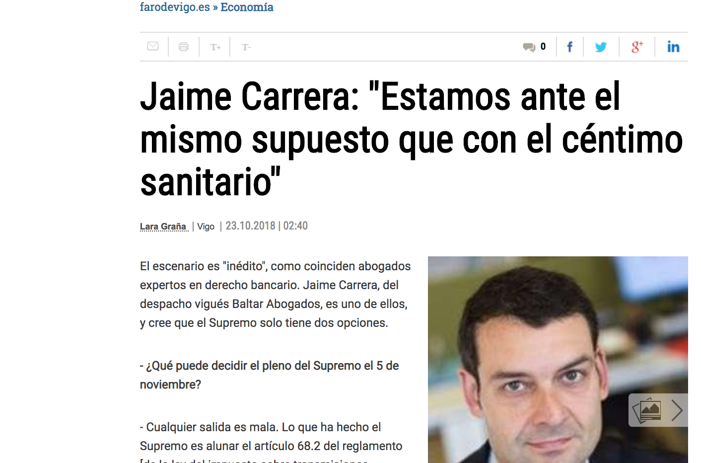 Entrevista en el Faro de Vigo a Jaime Carrera. ¿Quien debe hacerse cargo del pago del impuesto?